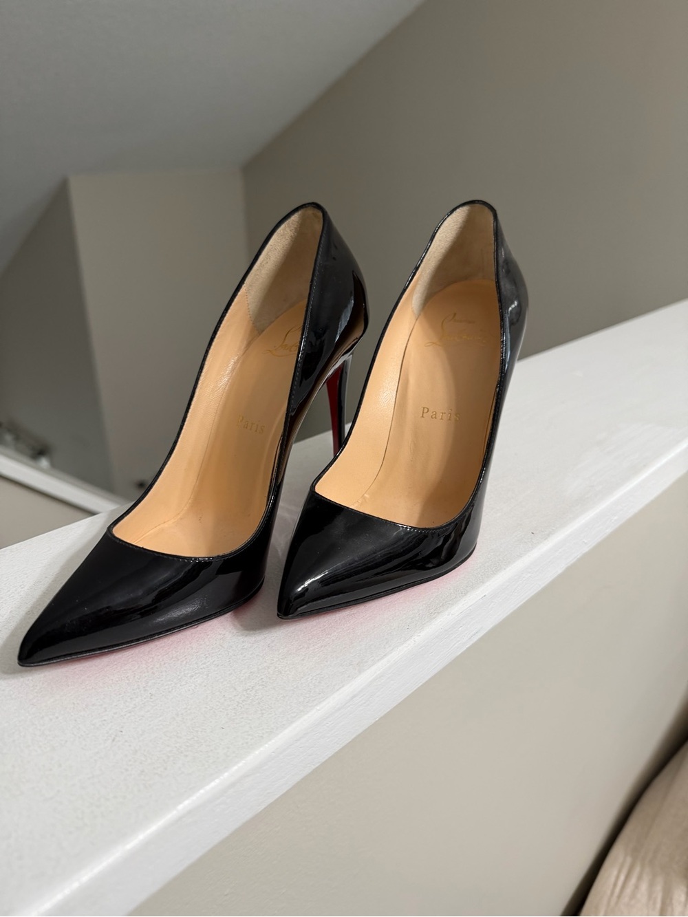 Christian Louboutin Black Patent Pointed Pumps with Red Sole